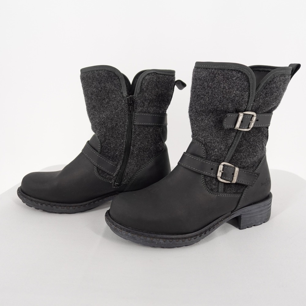 Bos & Co Boots 37 Black Leather Wool Moto Biker Buckle Sherpa Lined Ankle